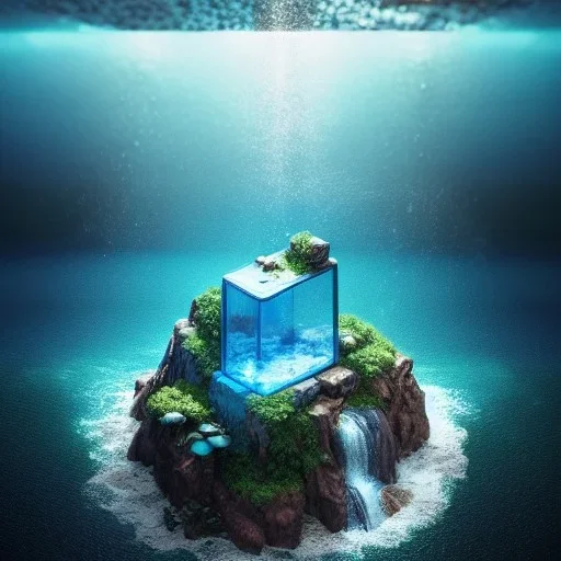 The Isometric Glass Tall Box Mini Model Little Real Island Mixed Water Fall Under Ocean Sunshine Summer Background Blue Sea, The Last Of Us / Avatar, Octane Render / ZBrush, Cinematic, IMAX Film, Nikon D750, 16K, Autostereoscopy, Anthropomorphic, Golden Ratio, Geometry, Symmetric, Depth Of Field, Highly Detailed, Ultra Realistic, Beautiful Lighting, Halfrear Lighting, Soft Light, Candoluminescence, Cast Shadow, Reflective, Glow, Translucent, Normal Map, Carbonated --testp