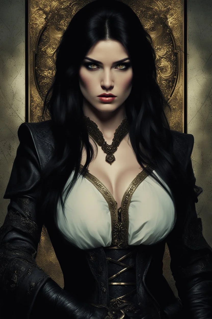 dark haired woman tall and curvy. hardness about her expression. scowling realist darkfantasy inside setting