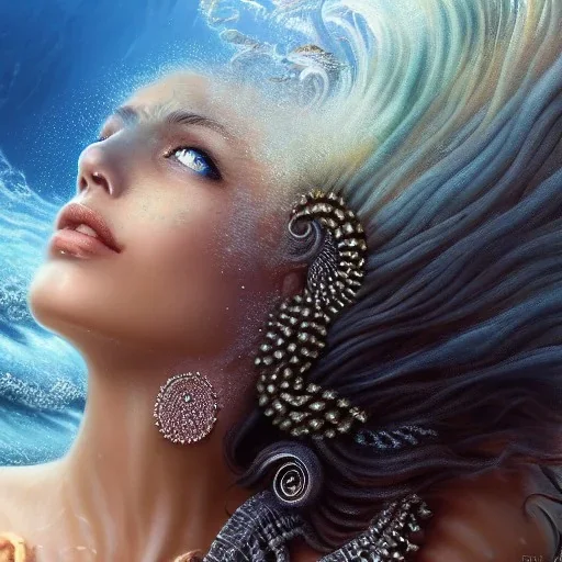 high-quality, fine-detail close-up portrait of gorgeous, stunning goddess of the ocean with turbulent waves as hair and coral reef exoskeleton, 8k resolution, 3D octane render, intricate, digital art, detailed matte, volumetric lighting, George Grie, Anne Dittman, Anne Stokes, Lisa Parker, Selina French,