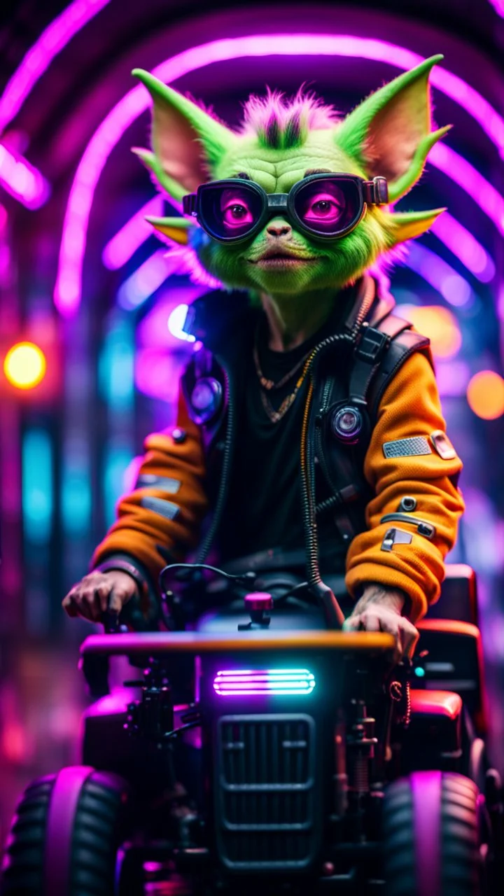 portrait of Hairy Gremlin pimp ninja cyber yoga punk in flying hipster tractor parked in dark neon lit tunnel,bokeh like f/0.8, tilt-shift lens 8k, high detail, smooth render, down-light, unreal engine, prize winning