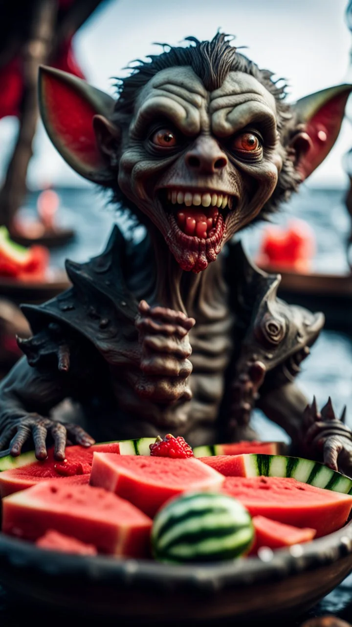 portrait of a vampire werewolf gremlin with mustage eating watermelon and the blood of fish on a viking ship, in the style of Giger,bokeh like f/0.8, tilt-shift lens 8k, high detail, smooth render, down-light, unreal engine, prize winning