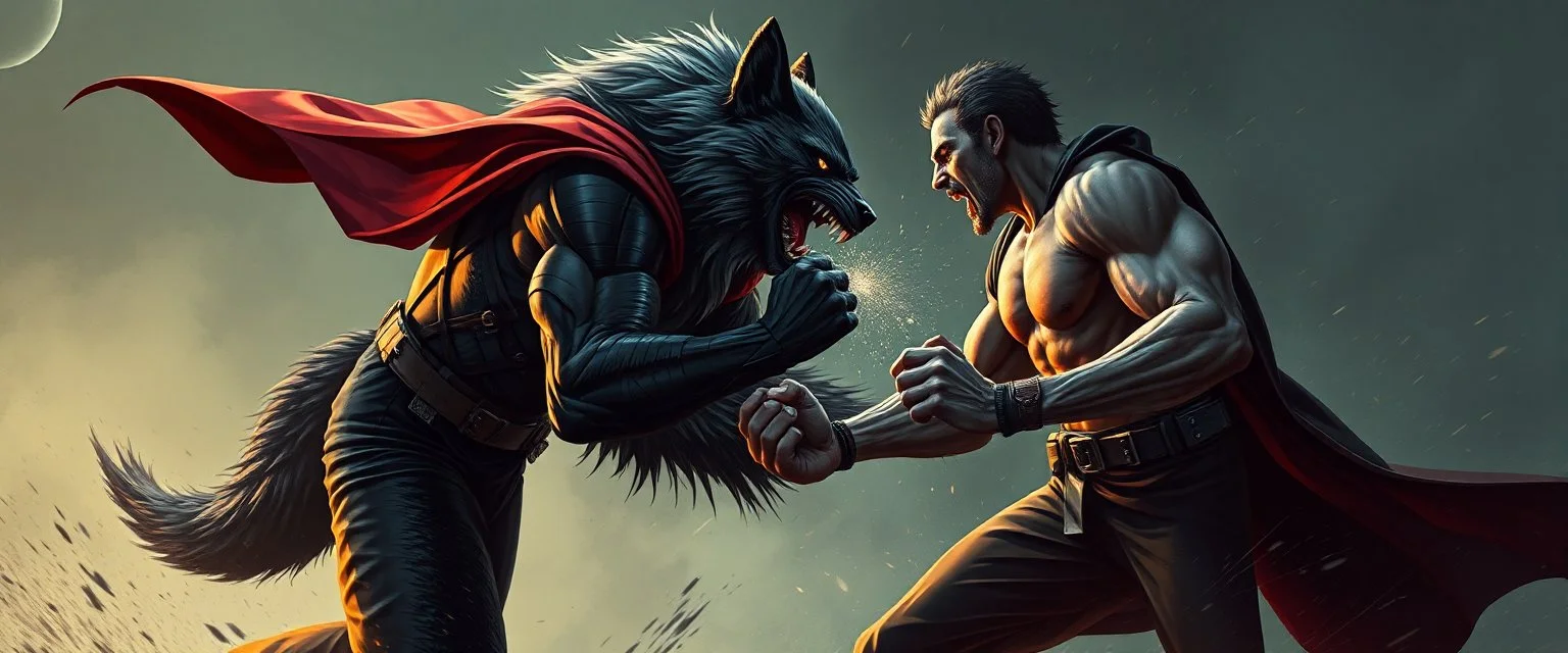 werewolf vs vampire cyberpunk action scene, acrobatic dodge, cape, all seen drown on isometric grid, wolf giving him the biggest stomach punch, power lift grab, clenched fists