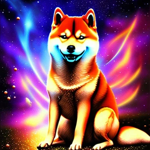 3 happy shiba inus with glowing auras