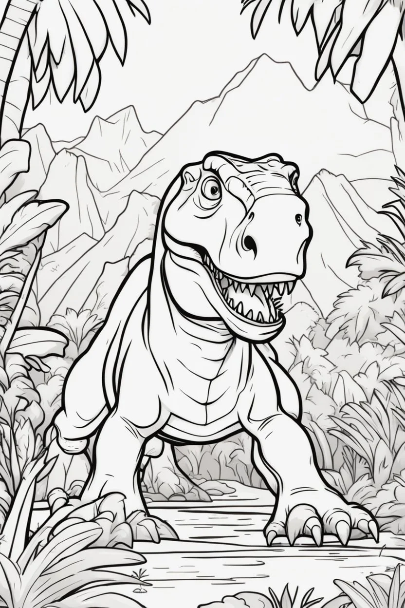 coloring page for kids, tyrannosaurus rex in jungle, cartoon style, thick lines, low details, no shading