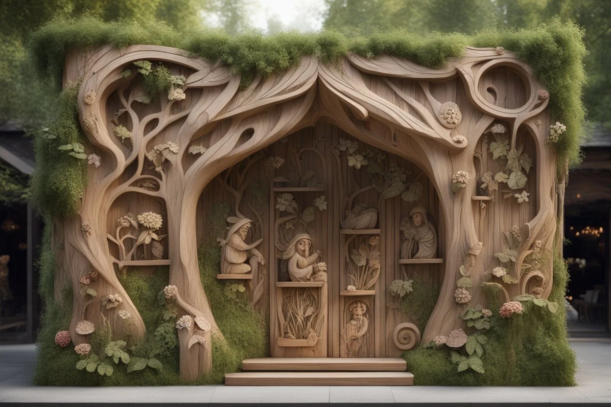 Декор и оформление: На фасаде можно разместить резные деревянные панели с изображениями сказочных персонажей: Бабы Яги, Лешего, Русалок и других. Используйте элементы флоры: плетёные лозы, деревянные бочки с цветами, кусты и деревья, чтобы создать ощущение, что кафе находится в самом центре леса. Ландшафтный дизайн: Вокруг кафе можно создать сказочный сад с аллеями, выложенными камнями, и фонтанами, где будут плавать уточки. Лесная поляна