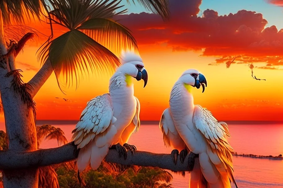 cockatoos, tropical paradise island, sunset