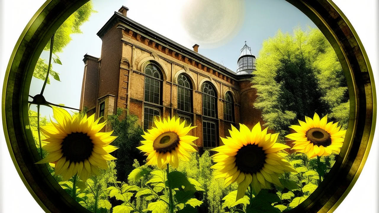 A building with a large circular window is shown, with sunflowers in the foreground. The image has a painterly style.