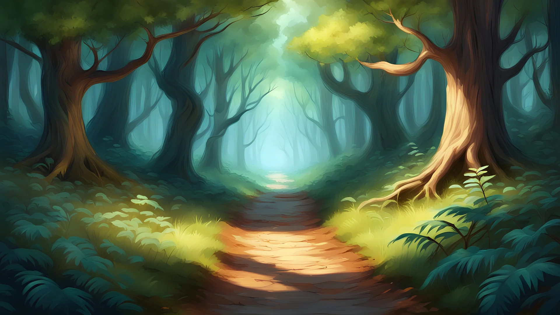 illustration {a scene showing a path leading away from the viewer in a magical forest} digital art, semi-realistic, fantasy, dreamscape