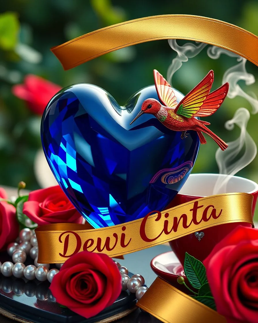 realistic image of a shiny deep sapphire blue heart, colorful pearls, colorful glass, colorful glass humming birds, near a red coffee cup with steam, red roses under a shiny golden ribbon that written in details the text "Dewi Cinta" in cursive letters, lush green garden background, ultra HD 64k resolution hyperrealism cinematic photography, sharp focus