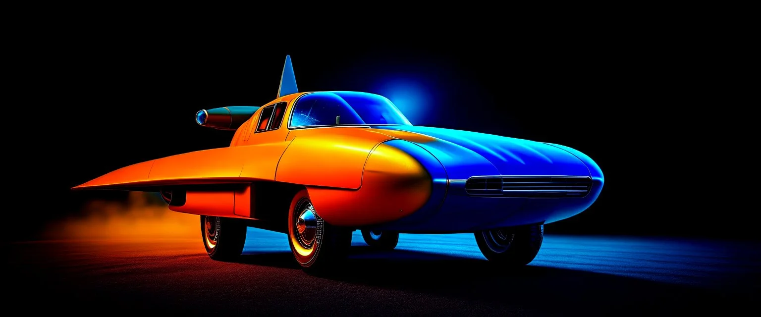 A national geographic award winning photograph of a military fighter jet station wagon wasp hybrid designed by volkswagen only one vehicle per image painted metallic orange traveling at a high rate of speed, jet intake off of front center of vehicle and jet exhaust out the rear with bright blue flame