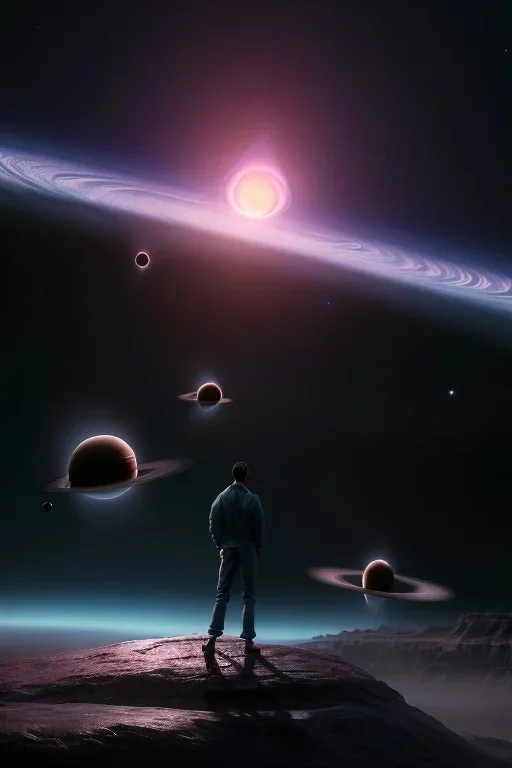 A man on planet earth looks at the sky where his girlfriend is in another galaxy and between them is a black hole ,Imaginary، fantasy 8k, finely detailed, photo realistic.