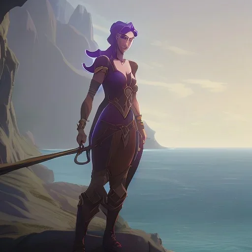 a gorgeous adventurer princess in a revealing dress and armor standing on a cliff and looking out over the ocean