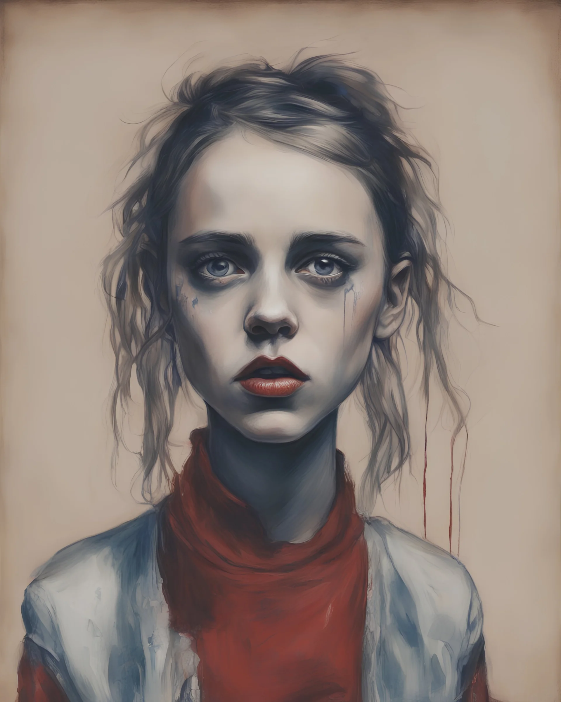 A portrait of a Singer Danish MØ face, painting by John Kenn Mortensen, darkblue and darkred tones,