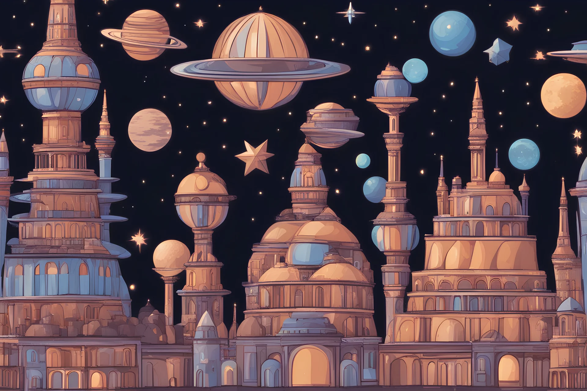 Cosmic city with domes, starships, starry sky magic dream world