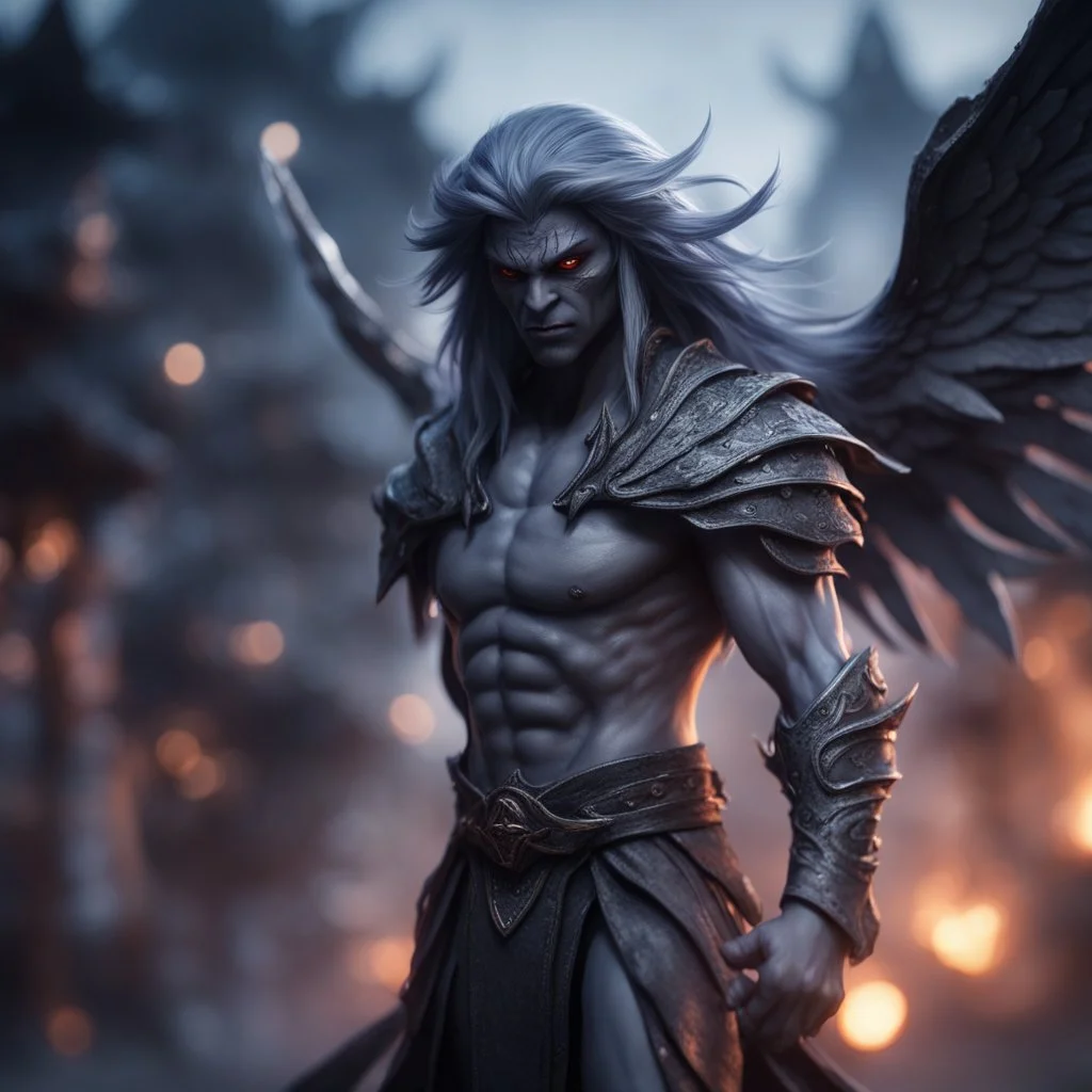 ninja dark elf grey angel nephilim vampire with muscles and big wig, Guiding souls through twilight, where the shadows flee In this realm of aftermath, phantoms softly tread Following the will-o-wisp, where the lost are led ,bokeh like f/0.8, tilt-shift lens 8k, high detail, smooth render, down-light, unreal engine