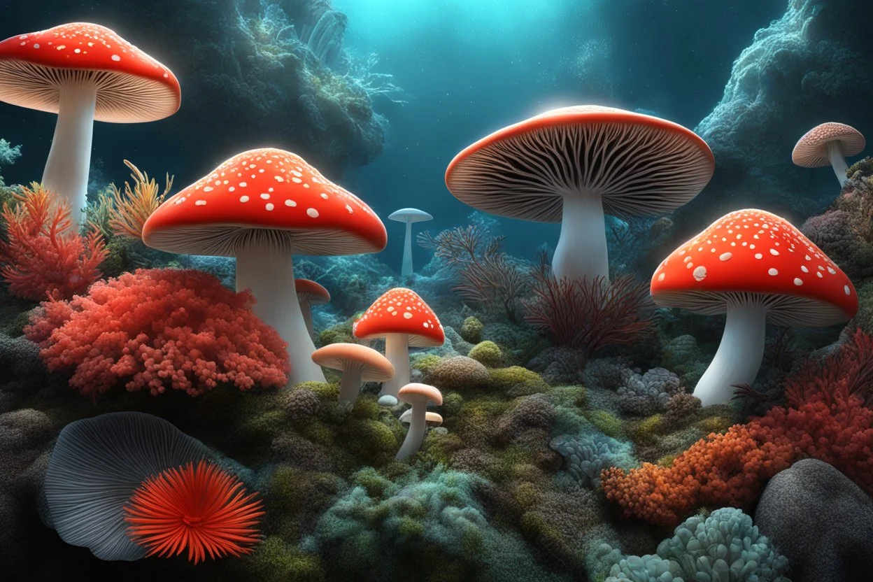 photorealistic exotic flora and fauna, mushrooms and coral in the multiverse