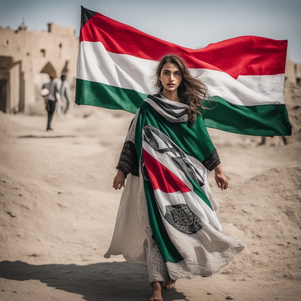 A very beautiful girl carrying a large Palestinian flag in her hands and waving it while wearing a keffiyeh and an embroidered Palestinian dress.