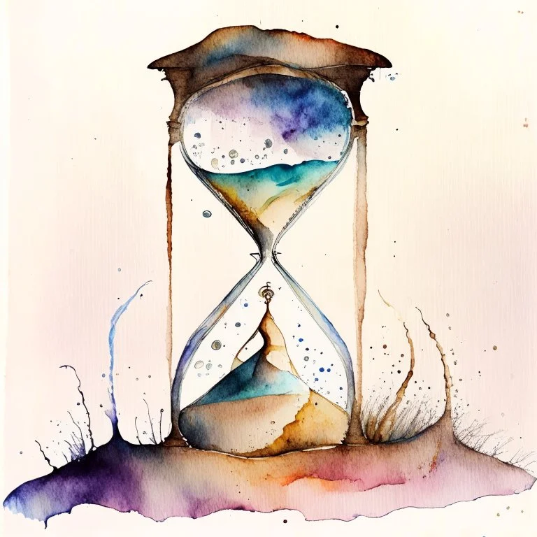 A watercolour painting, An oversized hourglass with sand flowing upwards instead of downwards, representing the distortion of time and the inability to grasp the passage of reality. The person could be caught within this hourglass, encapsulating their perpetual state of confusion between what is happening in the present and what exists only in their mind.