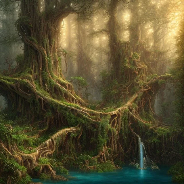 high-quality, fine-detail beautiful, breath-taking forest with gnarled trees, flowers, clear reflective lake, tranquil, stunning, 8k resolution, intricate, digital art, detailed matte, volumetric lighting, George Grie, Anne Dittman, Anne Stokes, Lisa Parker, Selina French, Alphonse Mucha