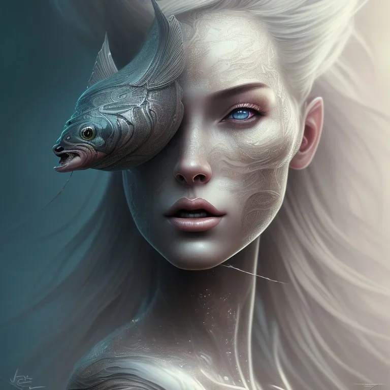 fantasy magic, intricate, sharp focus, illustration, highly detailed, digital painting, concept art, matte, masterpiece head sexy front view black blonde beauty space lady silver carp skin one head blonde space night