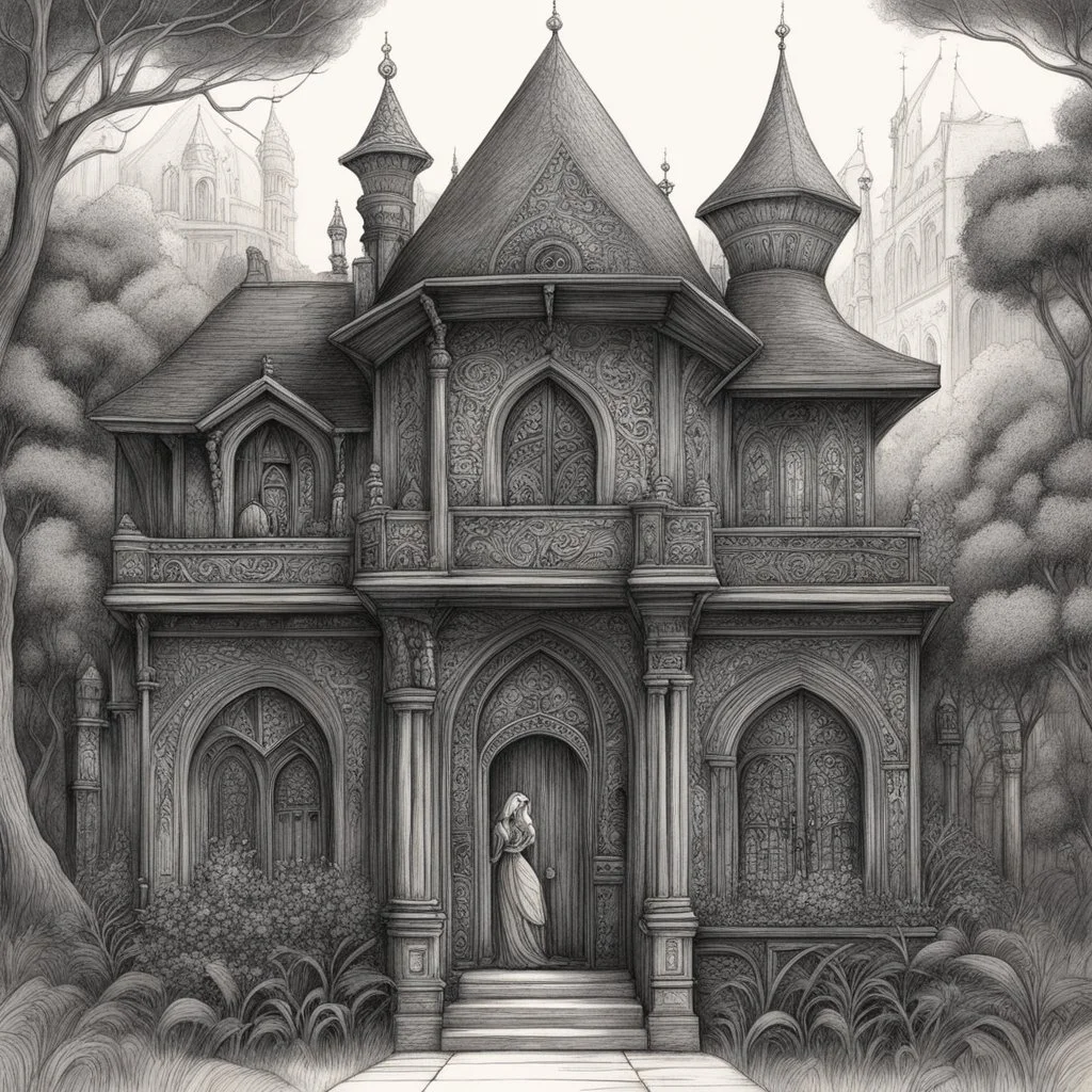A detailed and whimsical illustration, created in a vintage charcoal style. This piece explores unique and fantastic architecture, with intricate details that invite the viewer to discover every corner. The figure at the entrance adds a touch of mystery and narrative to this imaginary scene. Ideal for lovers of fantasy art and traditional drawing.