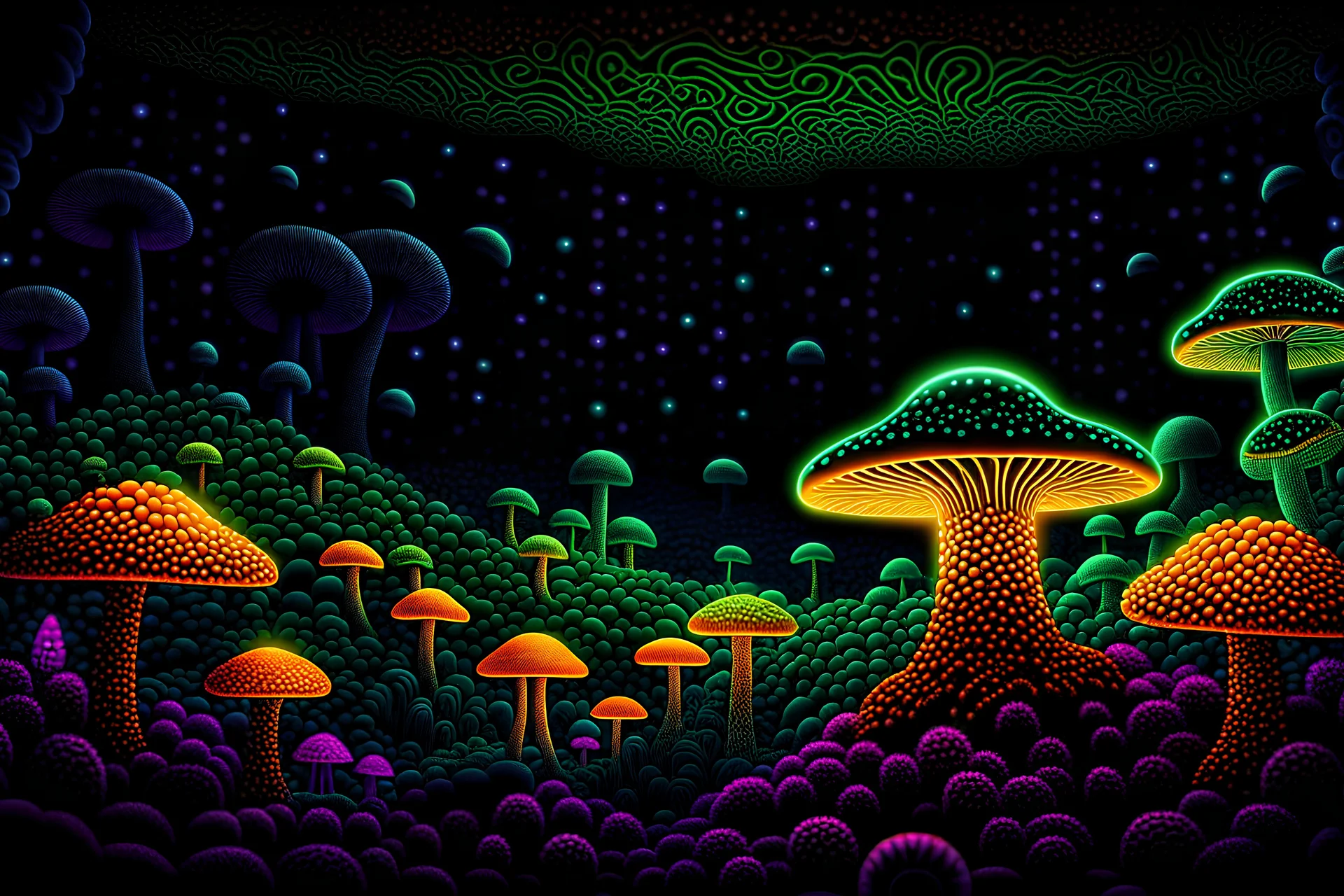 saturated black light colors. millions (googles) of distorted strange dots art detailed mystical trippy ultra saturated neon detailed look into an old wise gnome holding mushrooms next to a fire in the glowing mushroom forest, but a hallway of mushrooms. (Retro Art Nouveau). Art deco mushroom border. DMT like entities. aliens and mythical creatures melting faces. white swirls in the blank space creating an illusion for your mind tripping balls. perspective heavy depth!!