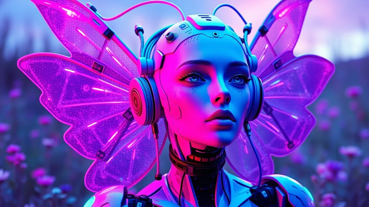 neon synth pink blue purple green. A technicolor fairy made up of android robot parts and cybernetic enhancements. Glowing wires and technical parts. The fairy has marbled skin and pale colored lips, cheeks and eyes. sci-fi, ethereal, fantasy landscape In a fairytale landscape rich in neon pinks, blues, purples and greens, the technicolor fairy is in all her glory. A creative mix of science fiction and fantasy, this fairy is made up of android robot parts and complex cybernetic enhancements. Her