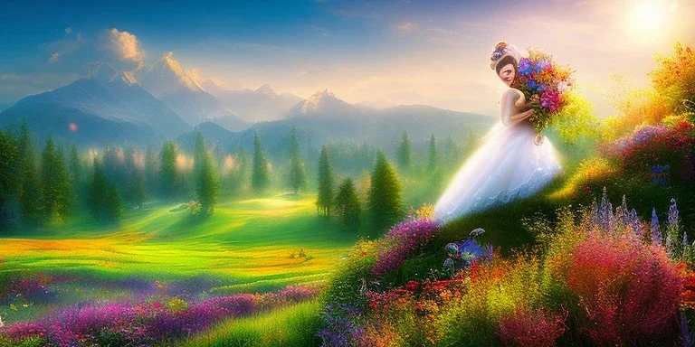 bright fairy, beautiful portrait, flowery landscape