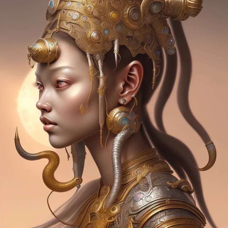 Sango fantasy, fantasy magic, intricate, sharp focus, illustration, highly detailed, digital painting, concept art, matte, art germ and Paul Lewin and Kehinde Wiley, masterpiece silver elephant head bronze Buddha Asian African girl nice breast Hawaiian hair turquoise golden waves