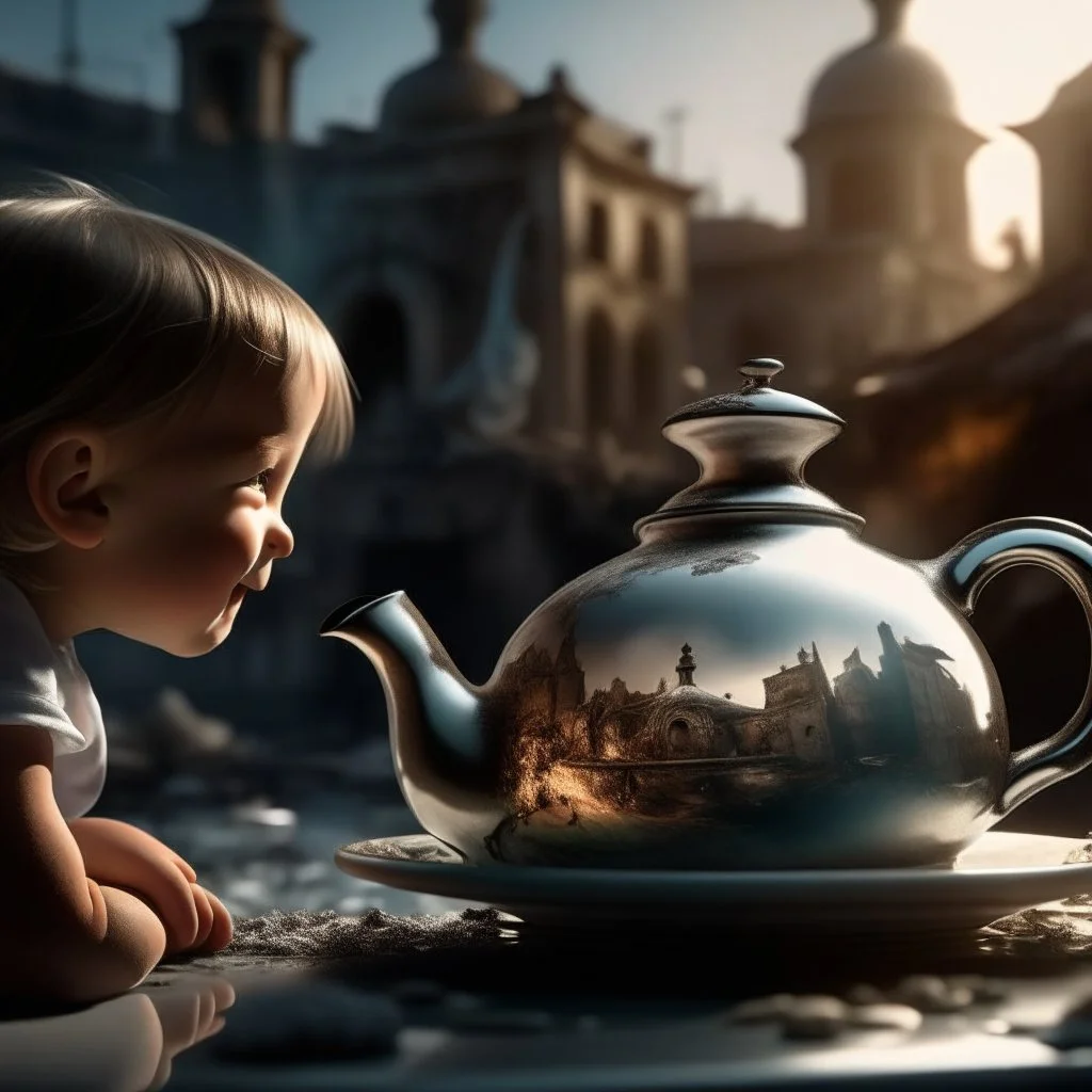 A teapot is shining and a child is looking at it, laughing, and the child’s image is reflected in the teapot, and behind the child is the reflection of a destroyed city.