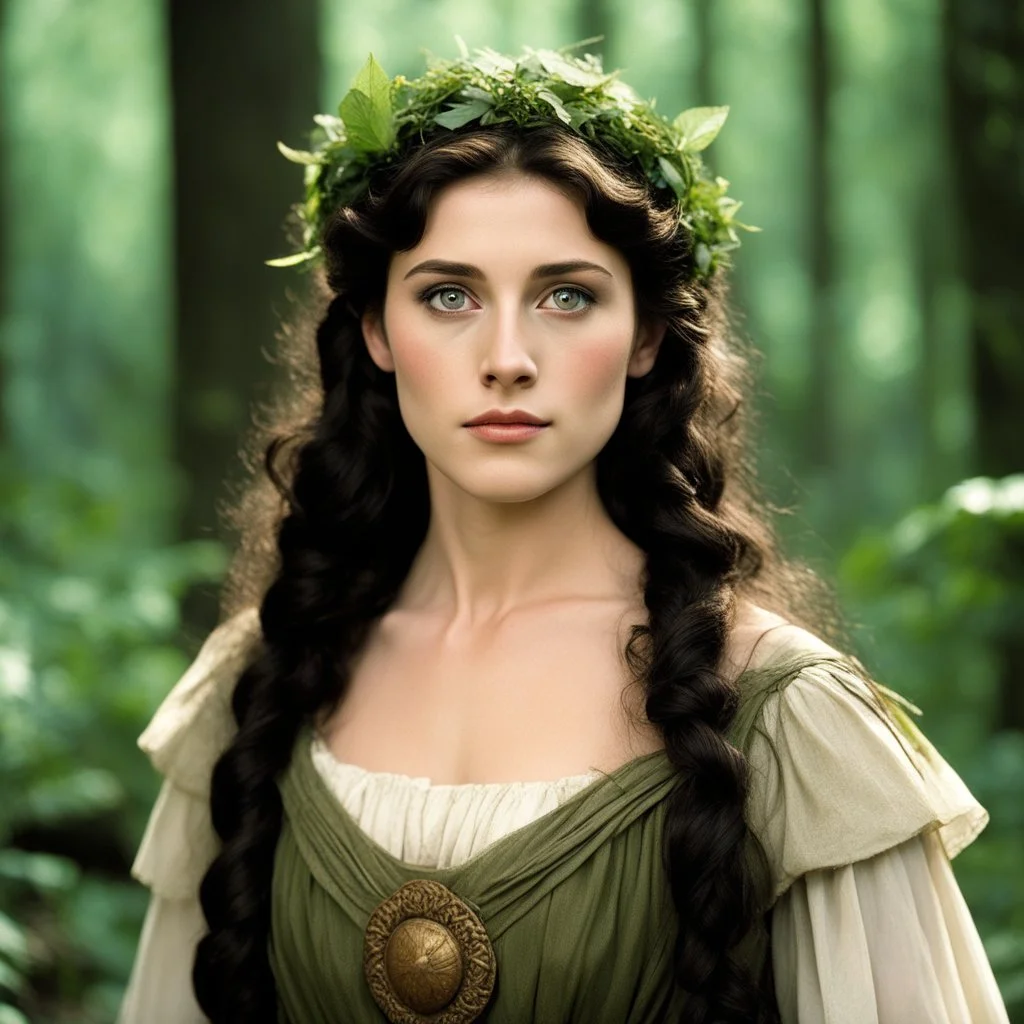 [high res photo by Monty Python] Hermia from Shakespeare's A Midsummer Night's Dream. Petite and youthful, with dark hair cascading around her expressive eyes. She dresses simply yet elegantly, her attire reflecting her inner strength and resolve. Hermia exudes determination and passion as she steps into the role of a gladiatrix in the forest clearing, her arena for the day. The air crackles with a sense of defiance and courage as she prepares to face the challenges ahead, her gaze unwavering an