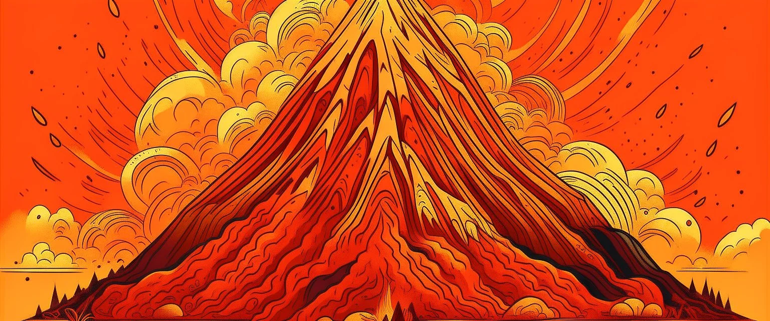 A light rosy orange colored volcano with chaotic fire designed in Australian aboriginal art