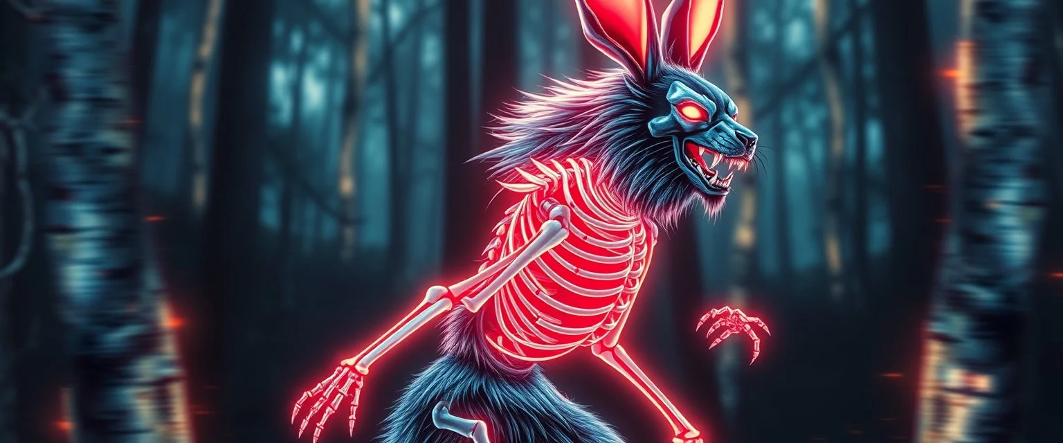 radiant neon werewolf rabbit thick Skeleton with lotsa fluffy fur, motion blur background dark forest