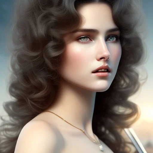 1970's porno model , cute, angelic face with minor blemishes, beautiful, long flowing hair, wavy hair, curly hair، black eyes, head and shoulders portrait, cinematic, 8k, resolution concept art portrait by Greg Rutkowski, Artgerm, WLOP, Alphonse Mucha dynamic lighting hyperdetailed intricately detailed, bokeh, Stunning 8k ektar film scan