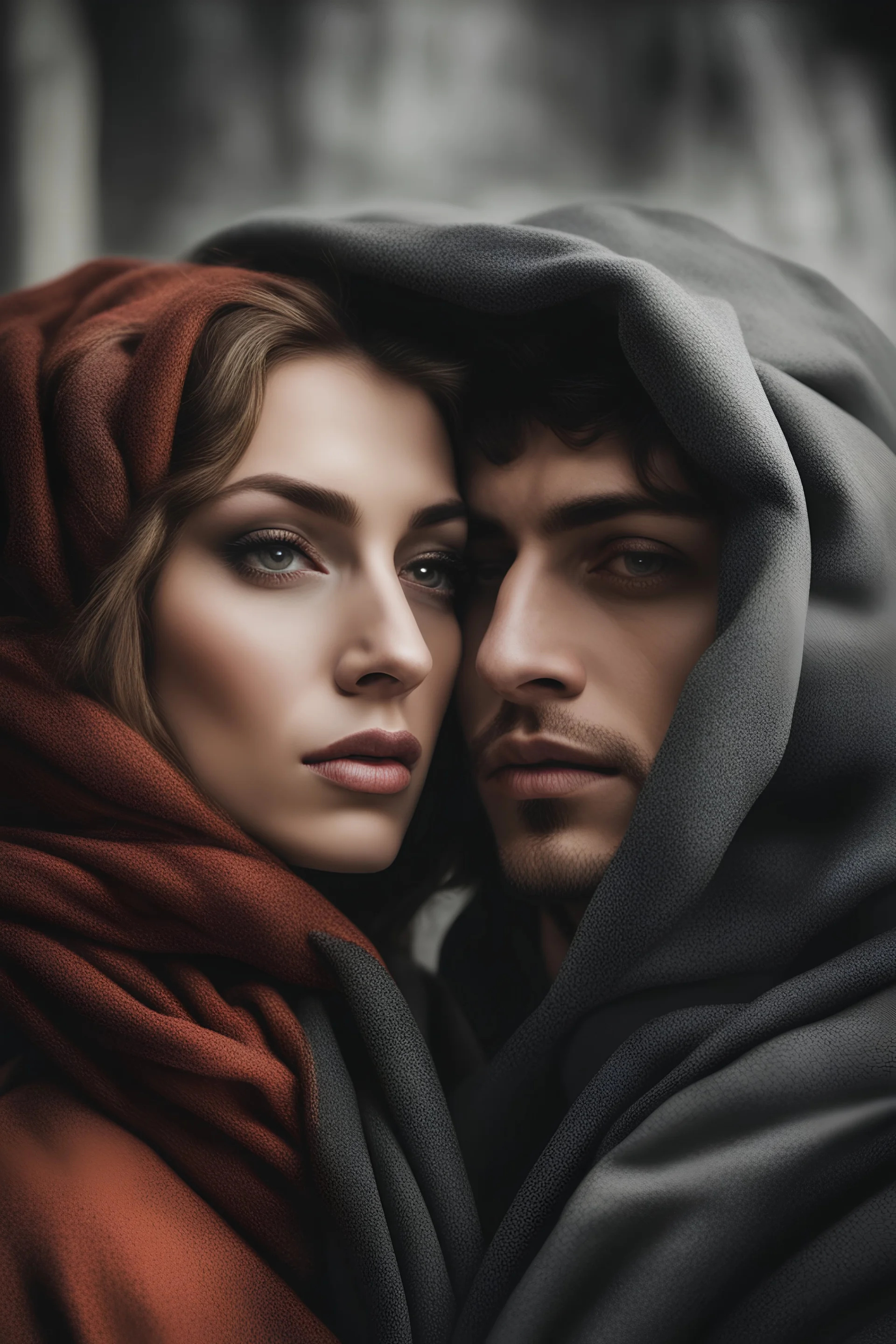 A surrealistic portrait of two lovers, their eyes locked in a passionate . HOF, full size, (((realism, realphoto, photography, portrait,beautiful, charming, professional photographer, captured with professional DSLR camera, 64k,