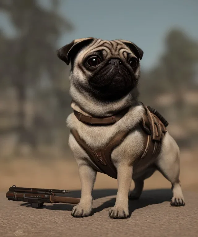 pug dog with a rifle