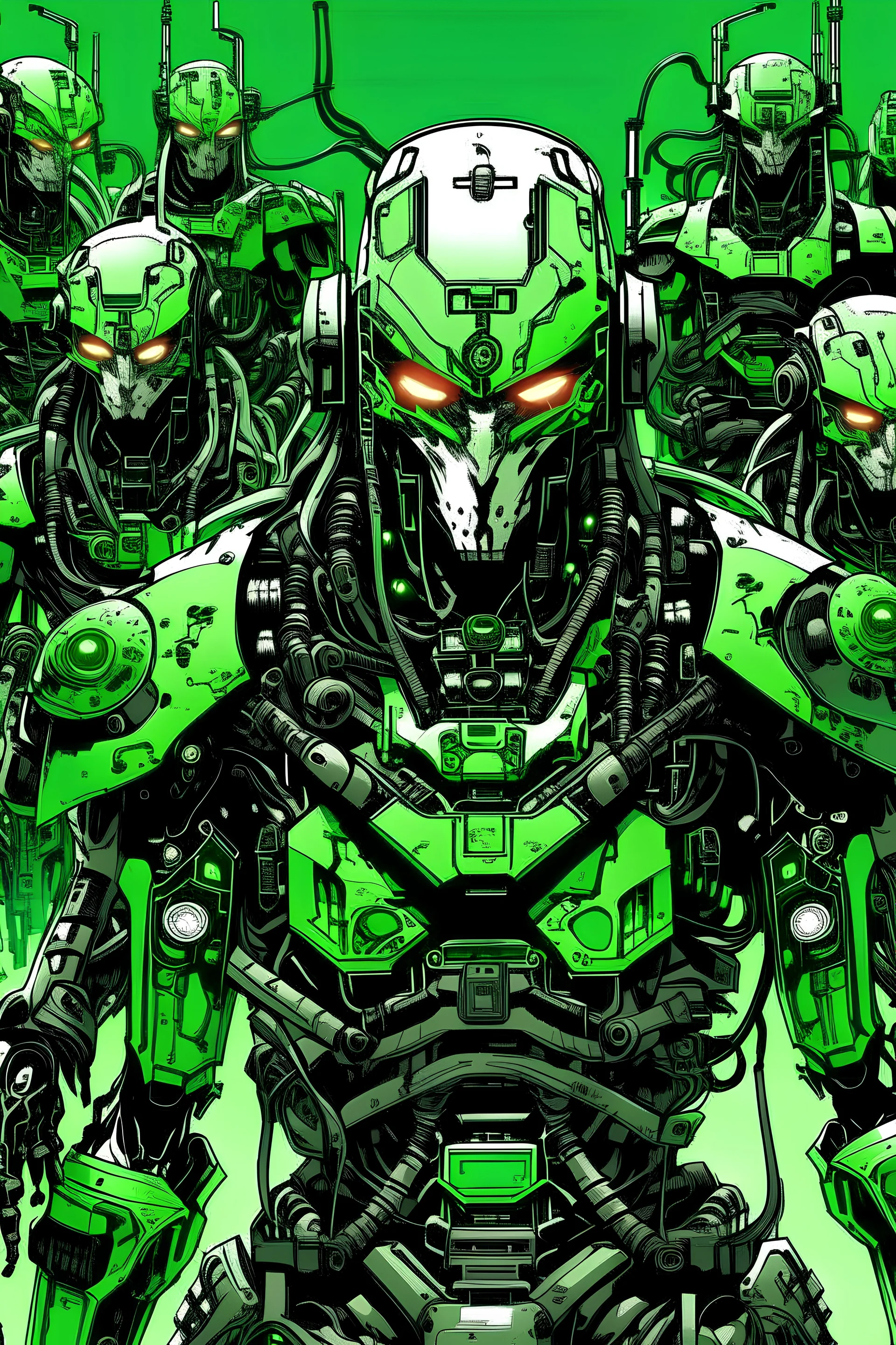 army of cyborg green samourai in sci fi a gansta style