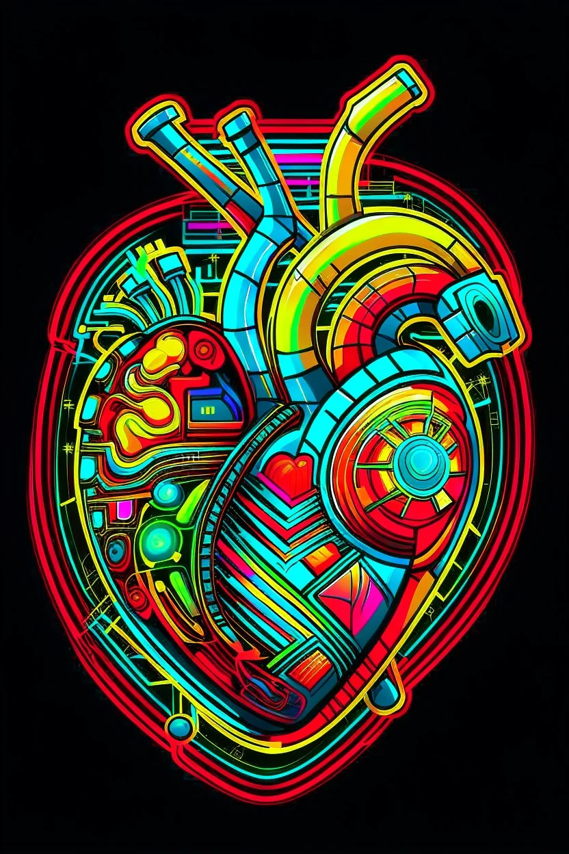 FLAT VECTOR LAYERED 2-D MULTICOLORED COMPLIMENTARY NEON MECHANICAL HUMAN HEART, METALLIC,