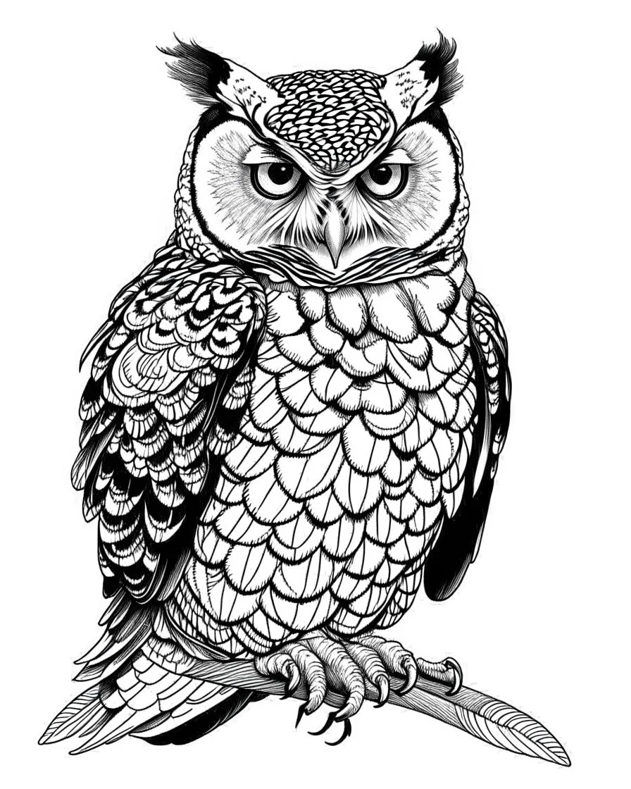 real massive big Owl, coloring page easy to color, full body (((((white background))))), only use an outline., real style, line art, white color, clean line art, white background, Sketch style