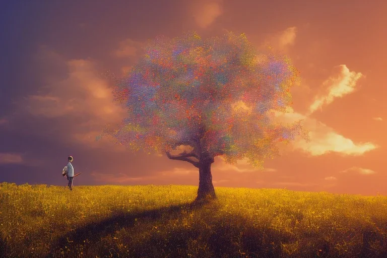 One Oak tree,on a valley,blue deep sky, Colourful meadow,and a man in red staring at the sunset,details,texture,8k quality, 100 meters snapshot, Expressionism