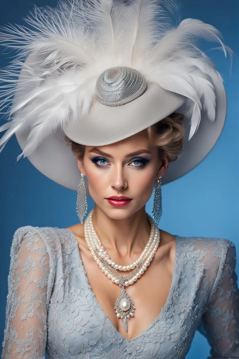 full body beautiful girl, elegant silver,lace clothes of the 80s, luxury style, small elegant hat with feather, hair of the 80s, pearl necklace, earrings masterful, beautiful face,blue backdrop