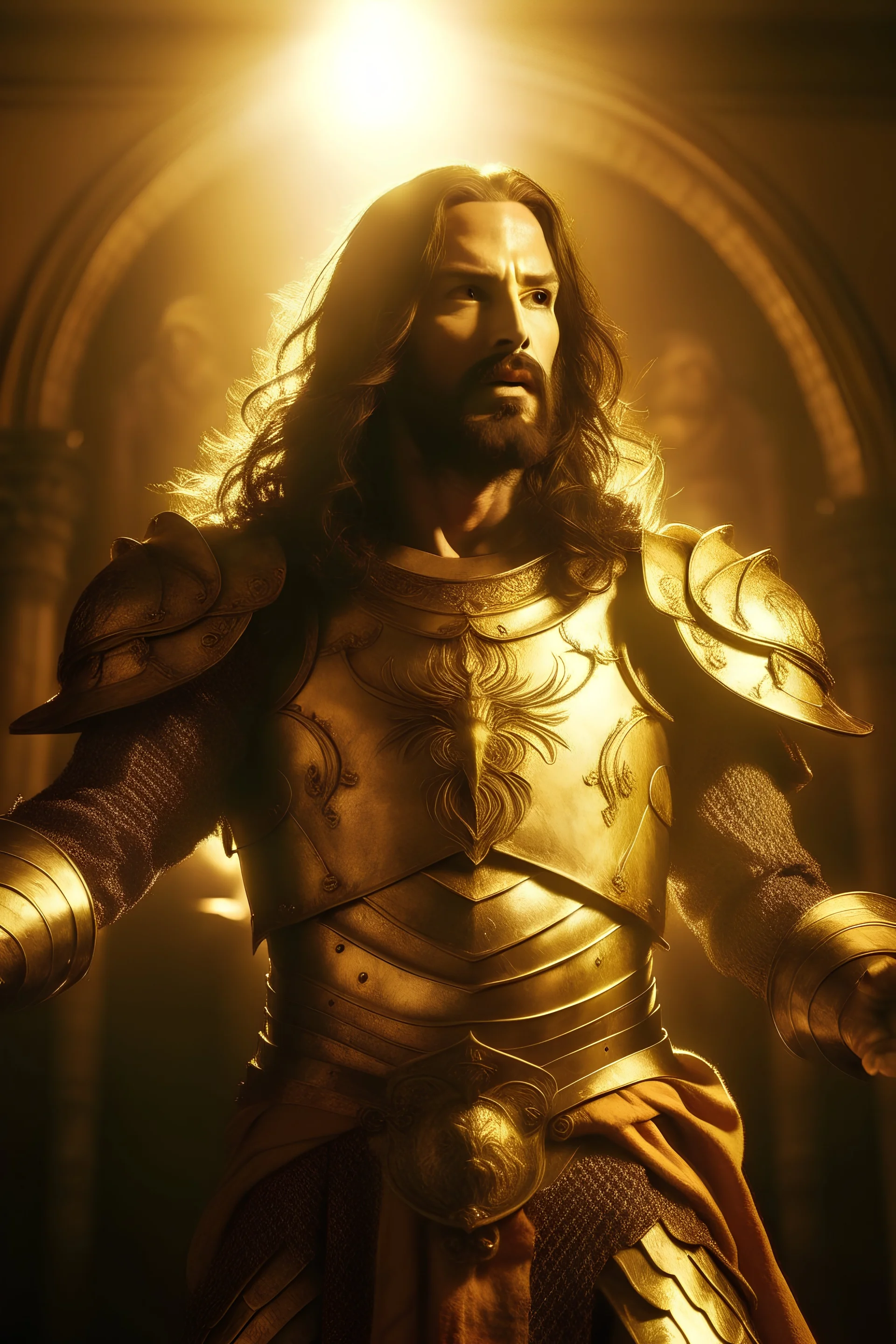 Jesus Christ in golden knight armor, his sacred heart on the armor, triumphant pose, glowing light shining down on him from Heaven, warm colors, photorealistic, cinematic, cinematic lighting, DSLR, wide angle lens.