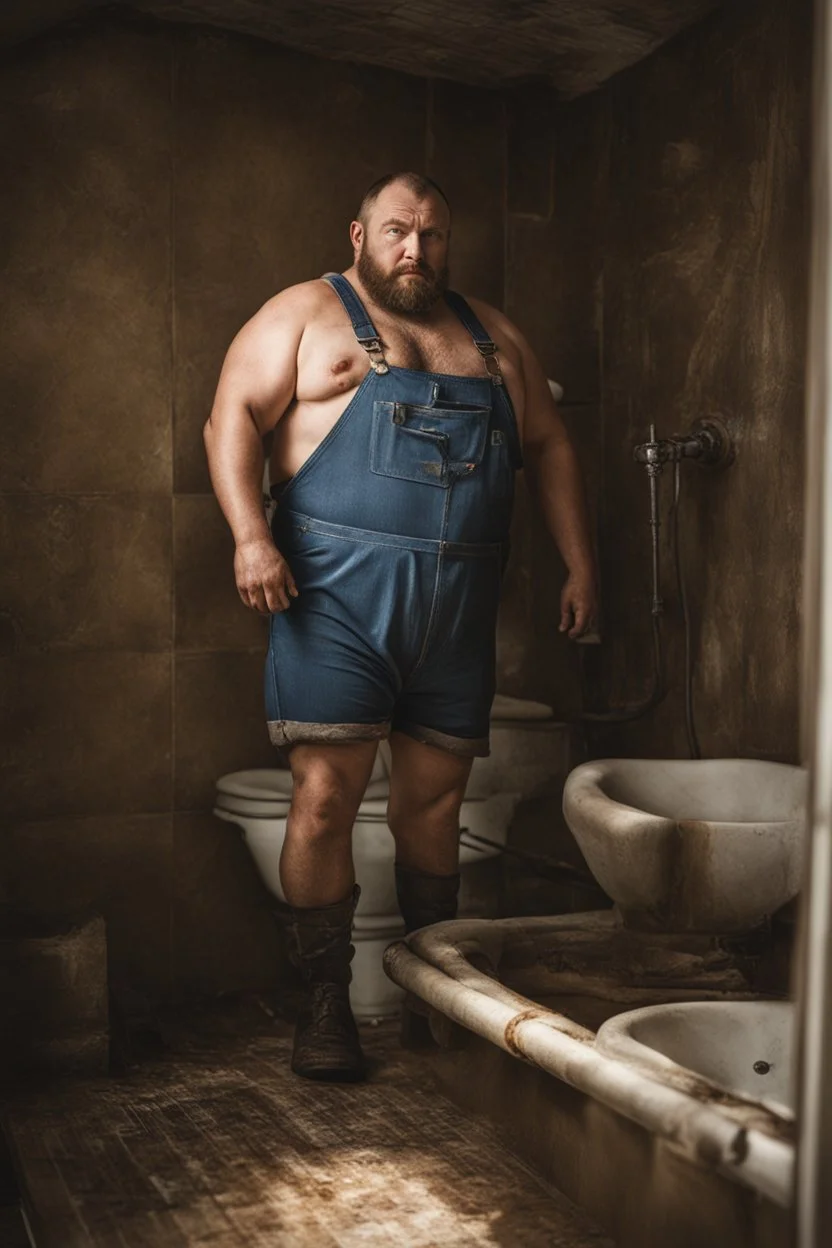 full figure photo, burly big chubby russian plumber, dirty, ripped overalls, 38 years old, crossed arms, shaved, short beard, manly chest, virile, arms, ugly, big thighs, under the flushing shower, sunlight , photorealistic, 35mm lens, ultra detailed