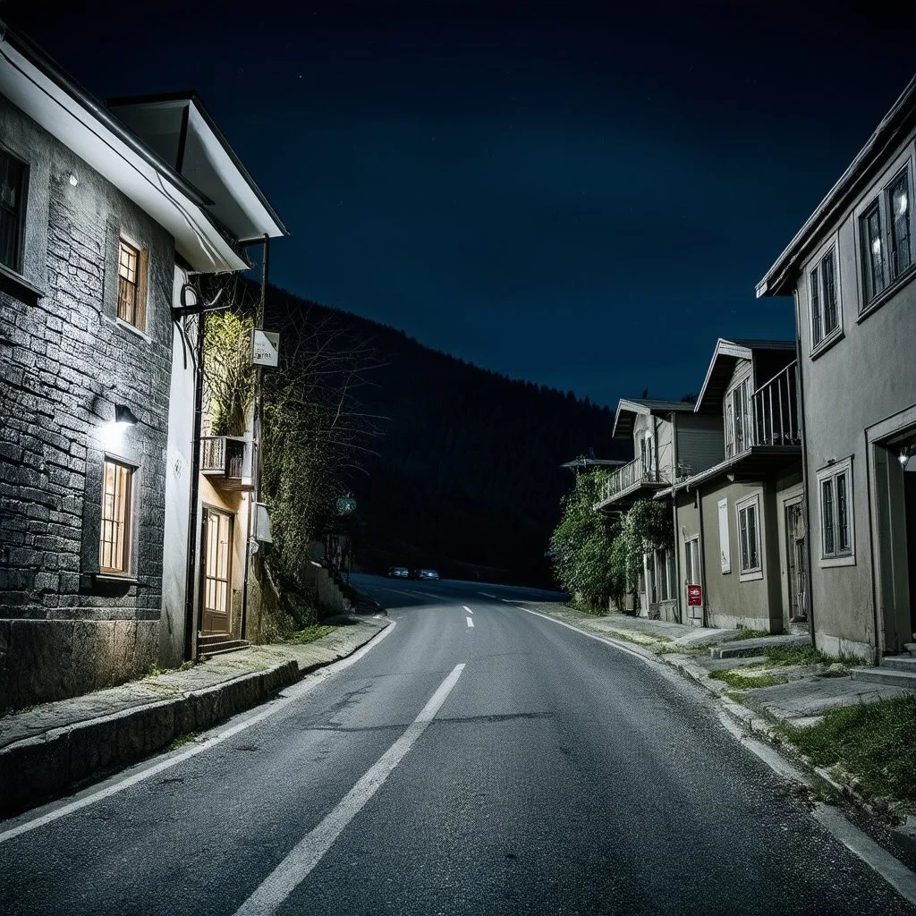 A night photography depicting a street going up to a moutain, with odd houses, horror movie shot