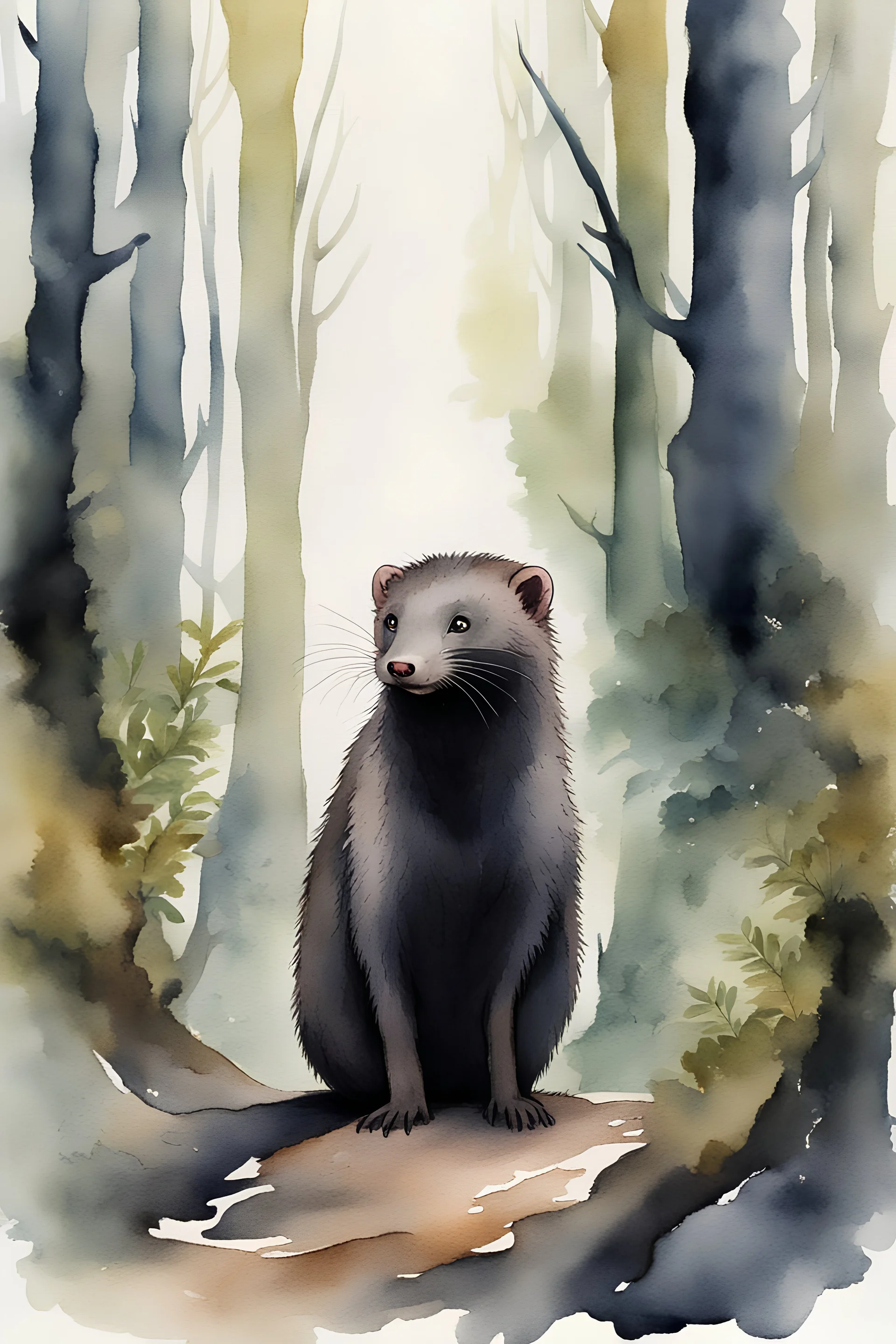 watercolor painting of a mink with black fur in a primeval forest. standing upright