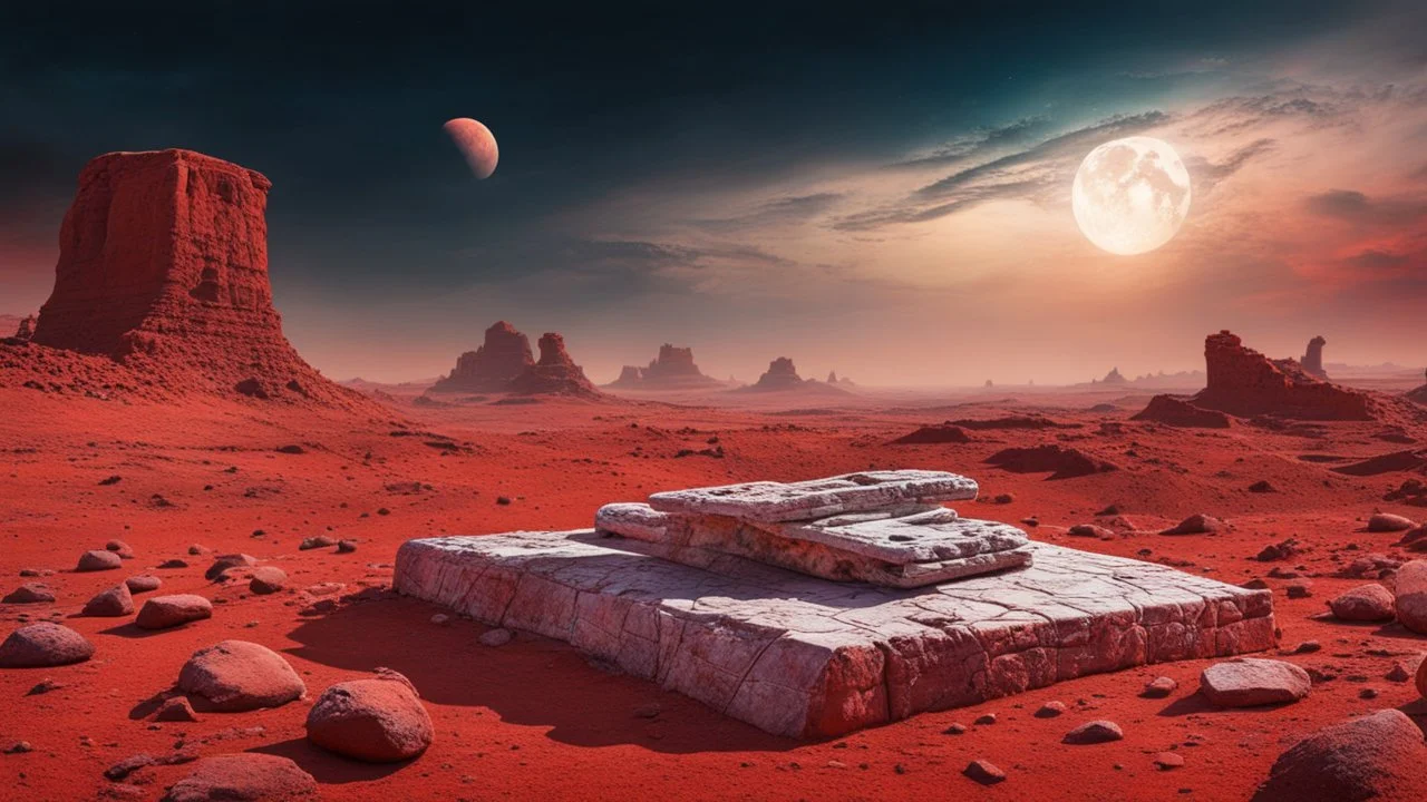 an ancient abstract nonfigurative statue with ancient signals from carved, polished marble blocks lies down on the red Mars planet, background ancient ruins, strange psychedelic sky, cold colors, mystic ancient art, very detailed, cinematic, sharp focus, sci-fi style, utopistic, surreal, psychedelic fantasy