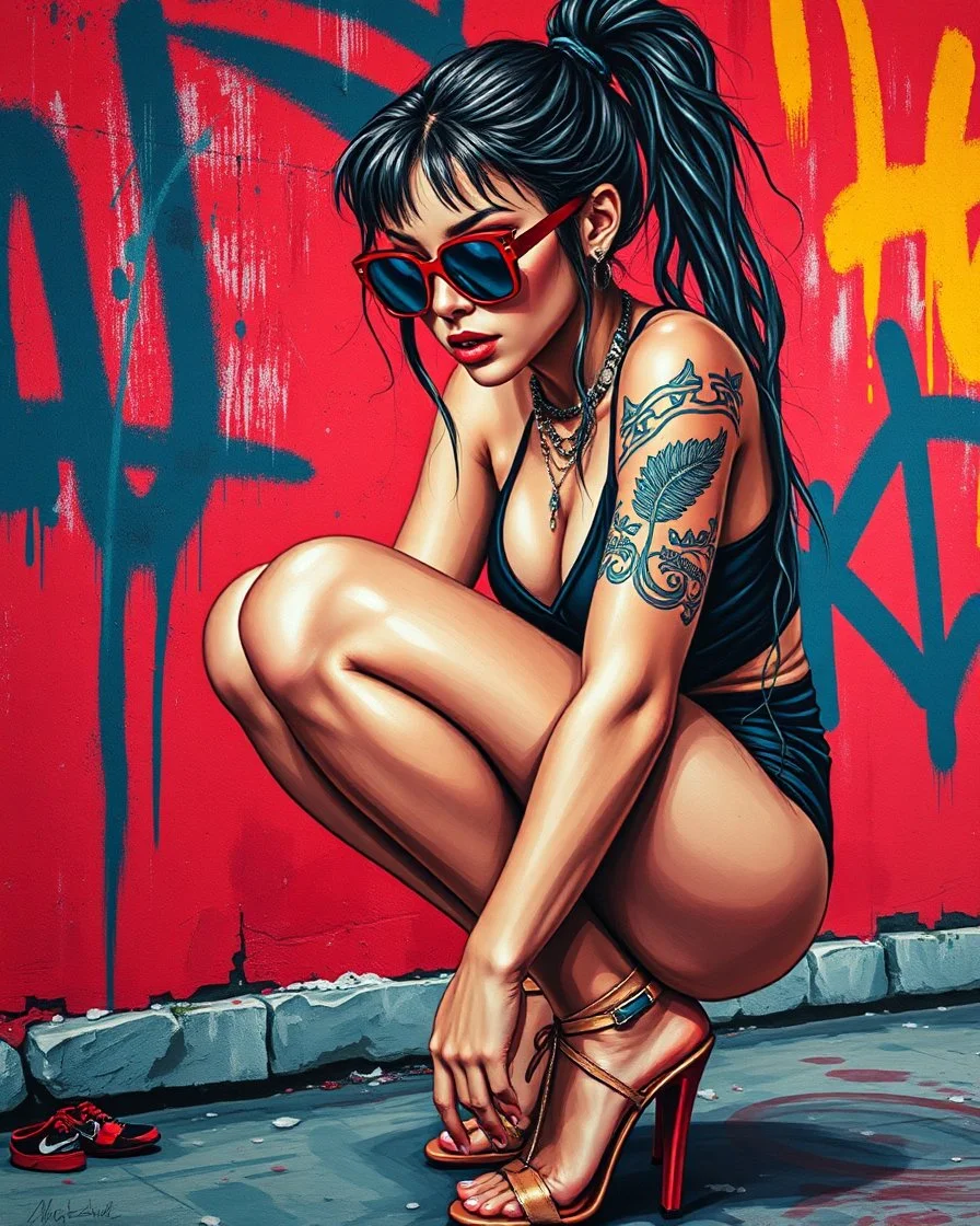 close up, full color painting of squatting cyberpunk girl, sunglasses, high heel shoes, perfect hourglass figure, (((Graffiti art) (by Carne Griffiths))), red wall background, insane details, intricat Modifiers: highly detailed Award winning photography fantasy 8k photorealistic beautiful poster award winning imperial colors fantastic view ultra detailed 4K 3D colourful very cute cinematic postprocessing acrylic art Craig Rutkowski