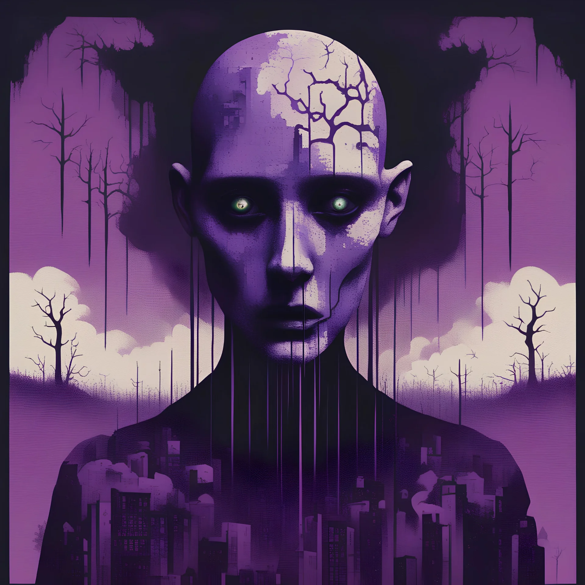 A minimal and sinister design with a color scheme of foreboding violets; artificial intelligence ;using halftone and mixed media and pictorial map; inspired by surreal figurative and blackout poetry and naïve art; the focus is ghoul in tv; mood is mysterious and chilling.