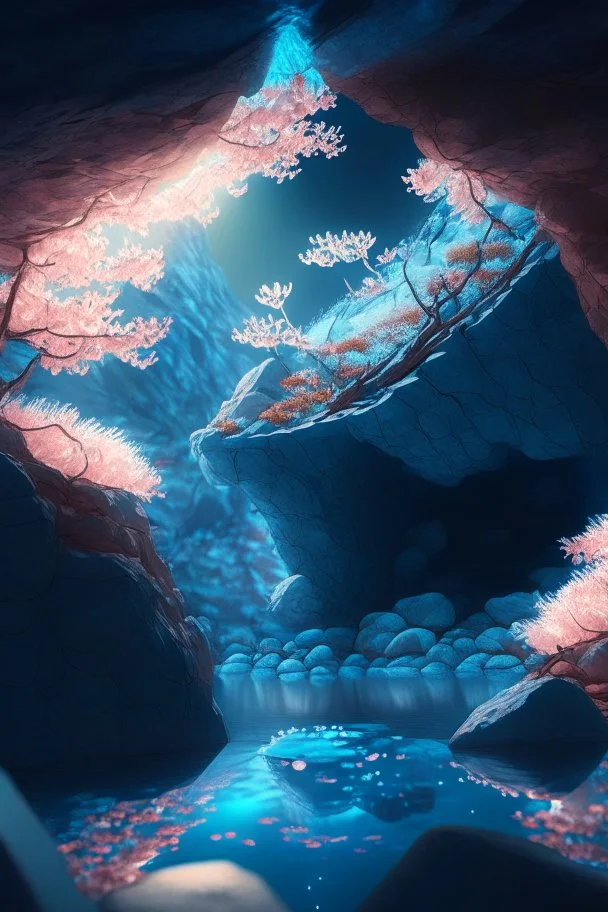 A realistic image in 4K of a cavernous subterranean cave illuminated by glowing aquamarine rocks, geometric rock formations protruding from the roof of the cavern, a crystal clear lake, a blooming japanese cherry tree rising emerging from the calm waters in the background