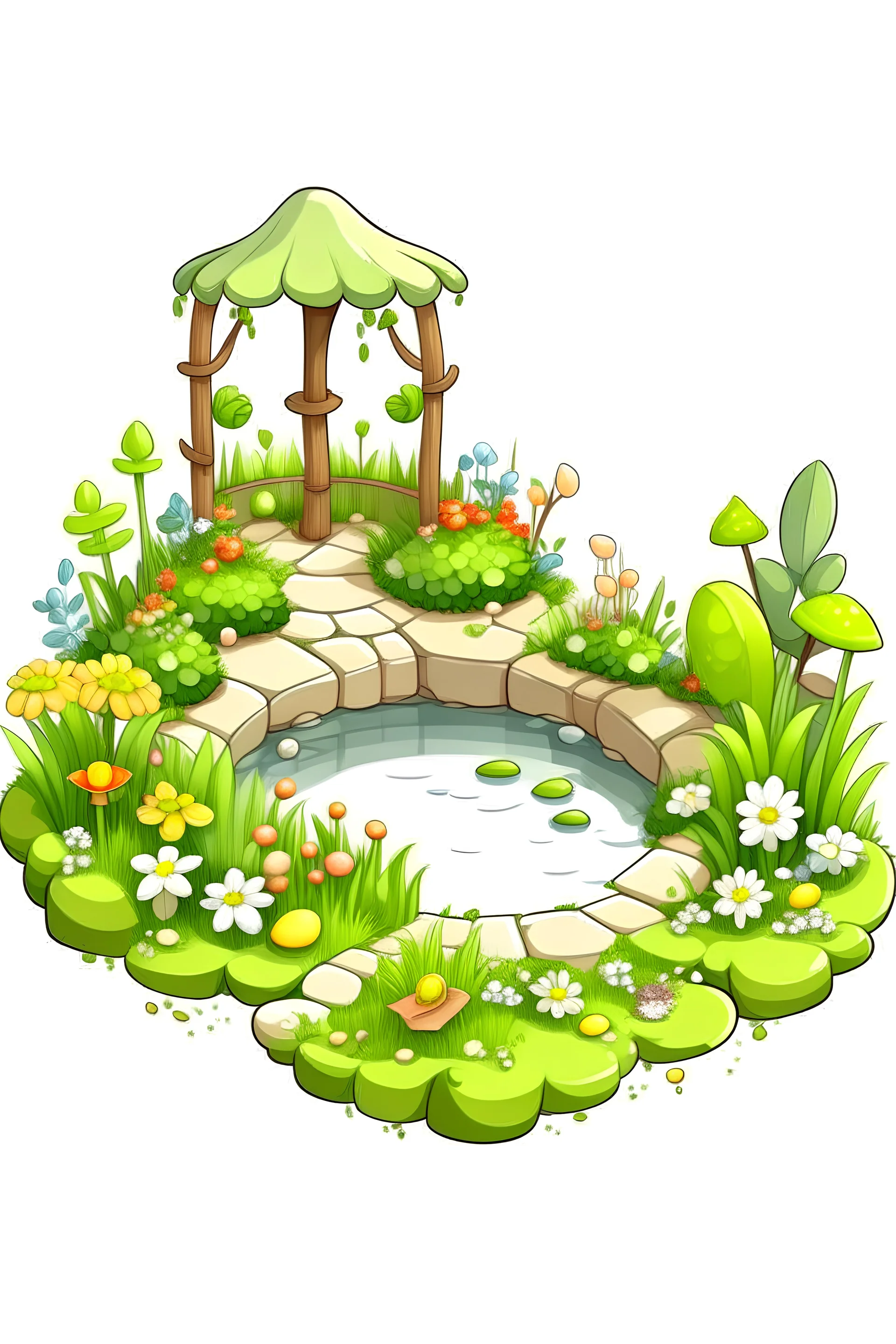 art for one cute small garden, white background, full body, cartoon style, no shadows.